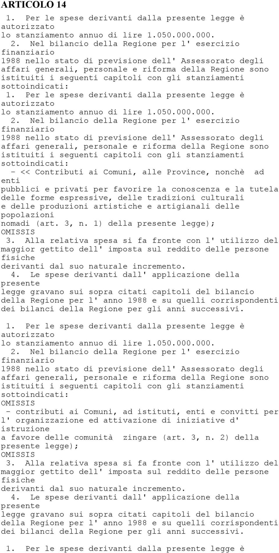 con gli stanziamenti sottoindicati: 1. Per le spese derivanti dalla presente legge è autorizzato lo stanziamento annuo di lire 1.050.000.000. 2.