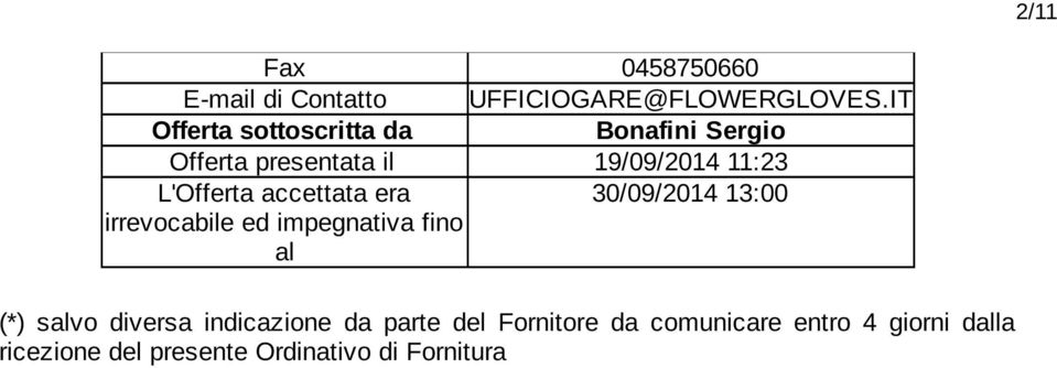 L'Offerta accettata era 30/09/2014 13:00 irrevocabile ed impegnativa fino al (*) salvo