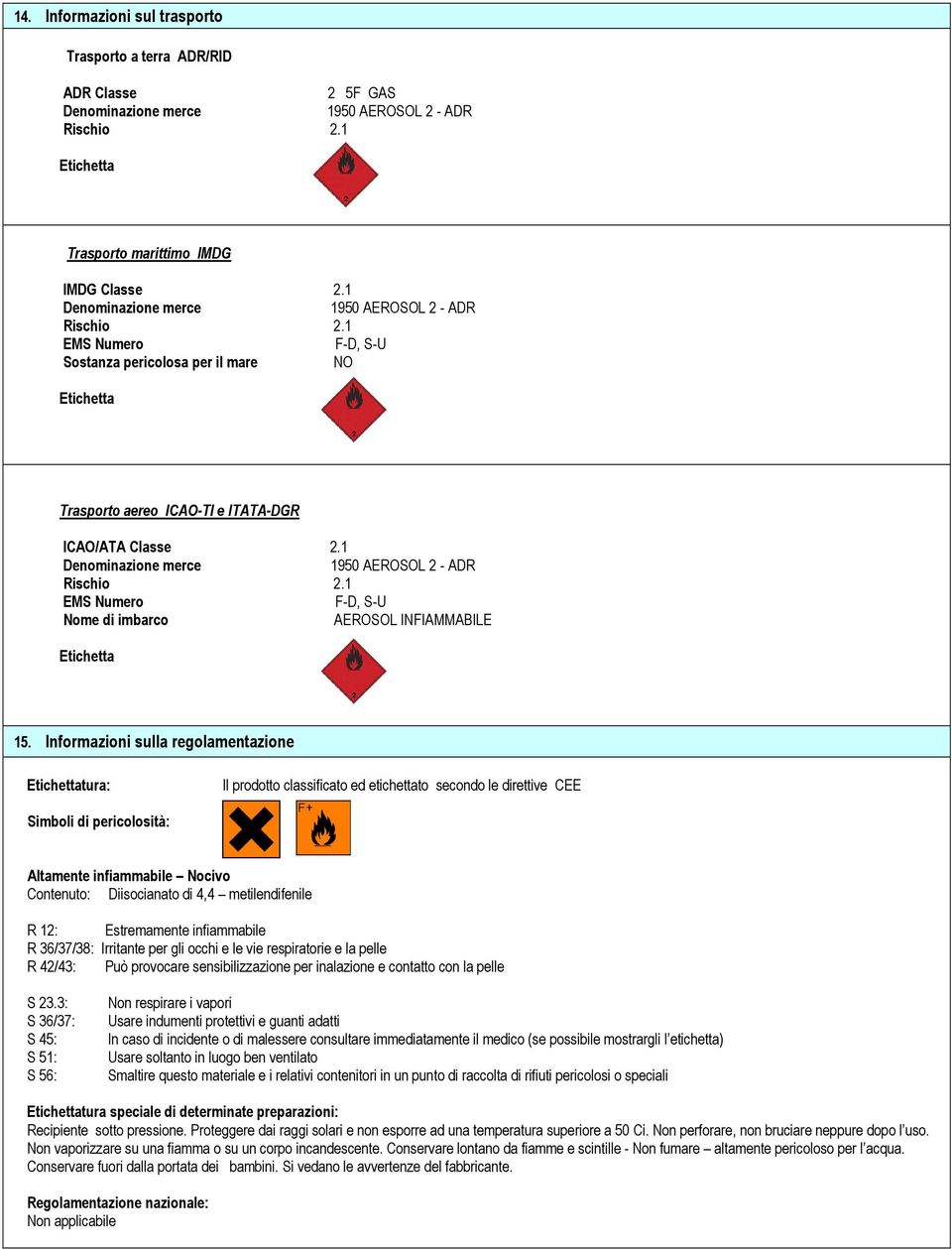 1 Denominazione merce 1950 AEROSOL 2 - ADR Rischio 2.1 EMS Numero F-D, S-U Nome di imbarco AEROSOL INFIAMMABILE Etichetta 15.