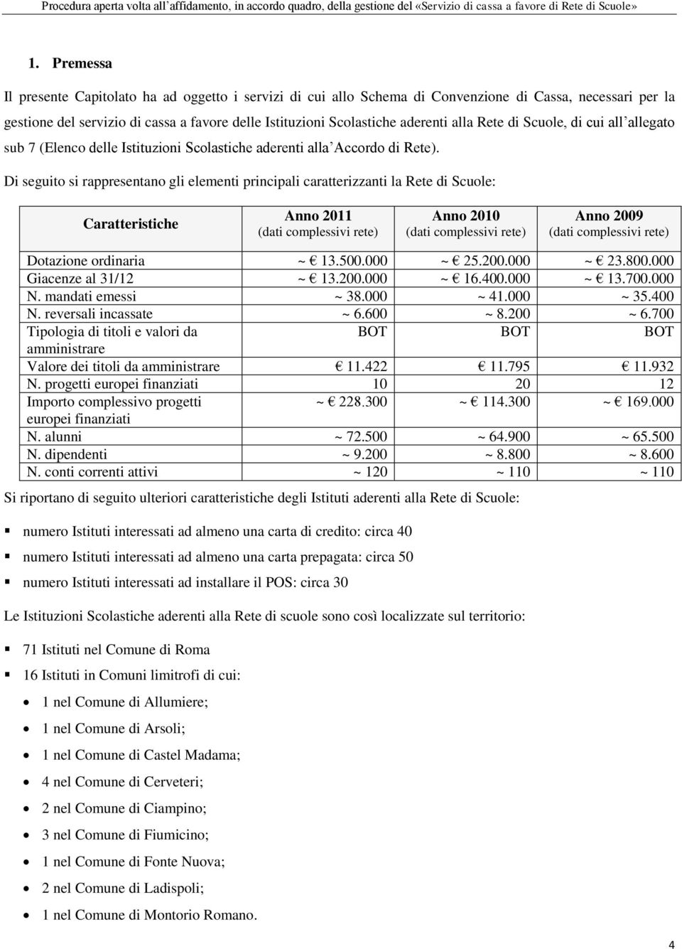 Di seguito si rappresentano gli elementi principali caratterizzanti la Rete di Scuole: Caratteristiche Anno 2011 (dati complessivi rete) Anno 2010 (dati complessivi rete) Anno 2009 (dati complessivi