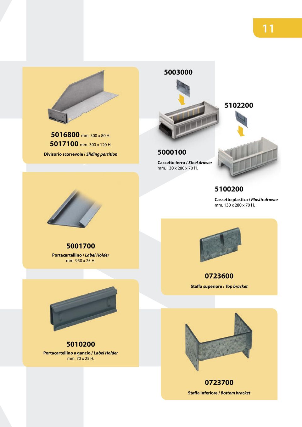 5100200 Cassetto plastica / Plastic drawer mm. 130 x 280 x 70 H. 5001700 Portacartellino / Label Holder mm.