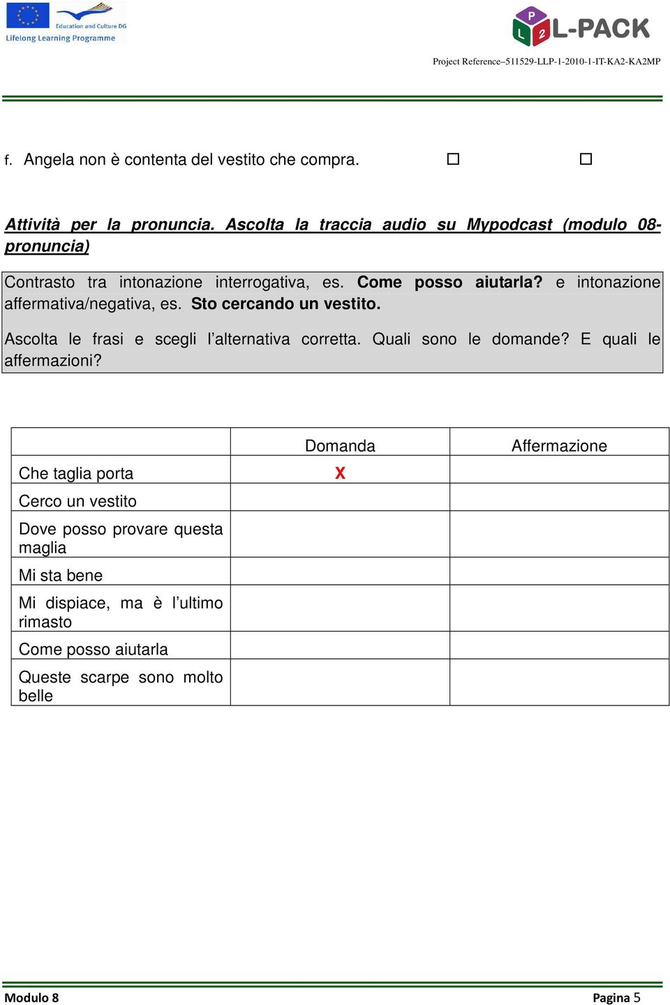 e intonazione affermativa/negativa, es. Sto cercando un vestito. Ascolta le frasi e scegli l alternativa corretta. Quali sono le domande?