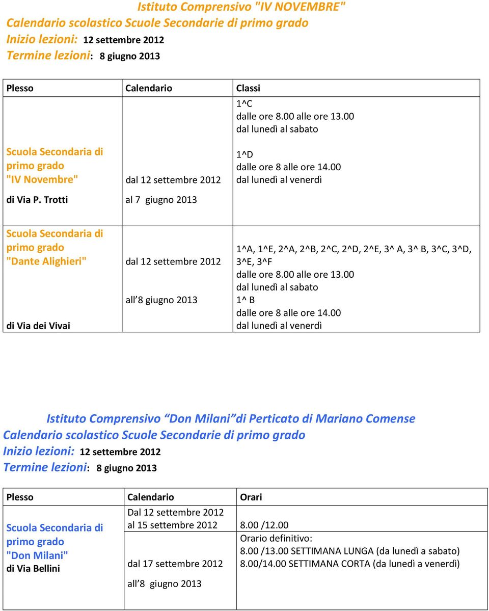 00 dal lunedì al venerdì Scuola Secondaria di primo grado "Dante Alighieri" dal 12 settembre 2012 di Via dei Vivai all 8 giugno 2013 1^A, 1^E, 2^A, 2^B, 2^C, 2^D, 2^E, 3^ A, 3^ B, 3^C, 3^D, 3^E, 3^F