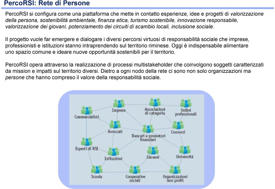 Il progetto vuole far emergere e dialogare i diversi percorsi virtuosi di responsabilità sociale che imprese, professionisti e istituzioni stanno intraprendendo sul territorio riminese.