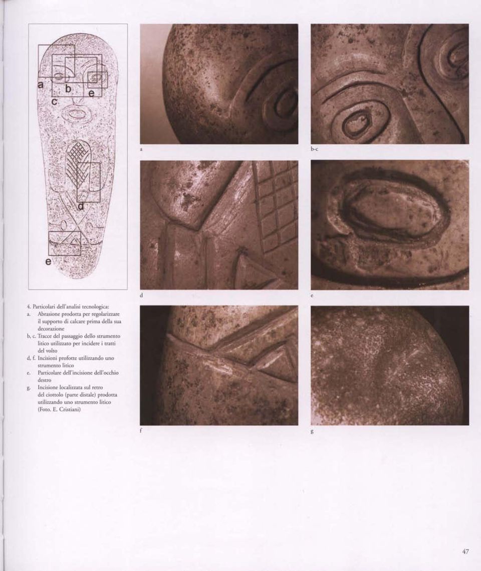 Tracce del passaggio dello strumento litico utilizzato per incidere i tratti del volto d, f.