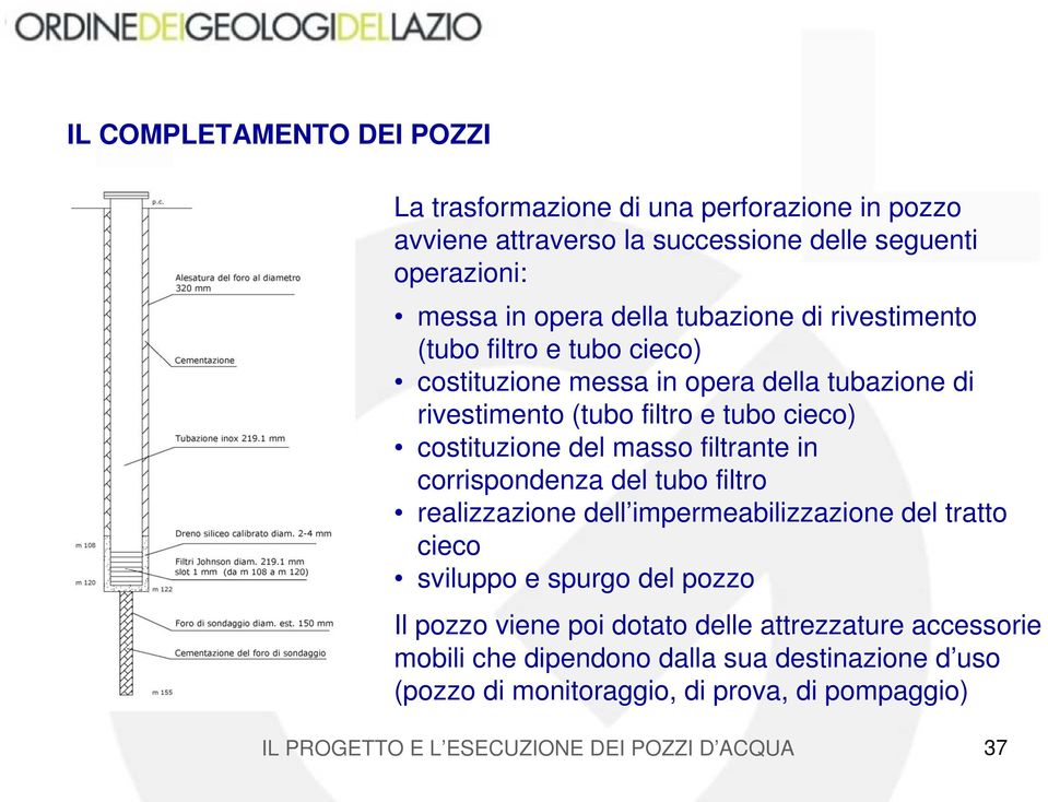 costituzione del masso filtrante in corrispondenza del tubo filtro realizzazione dell impermeabilizzazione del tratto cieco sviluppo e spurgo del