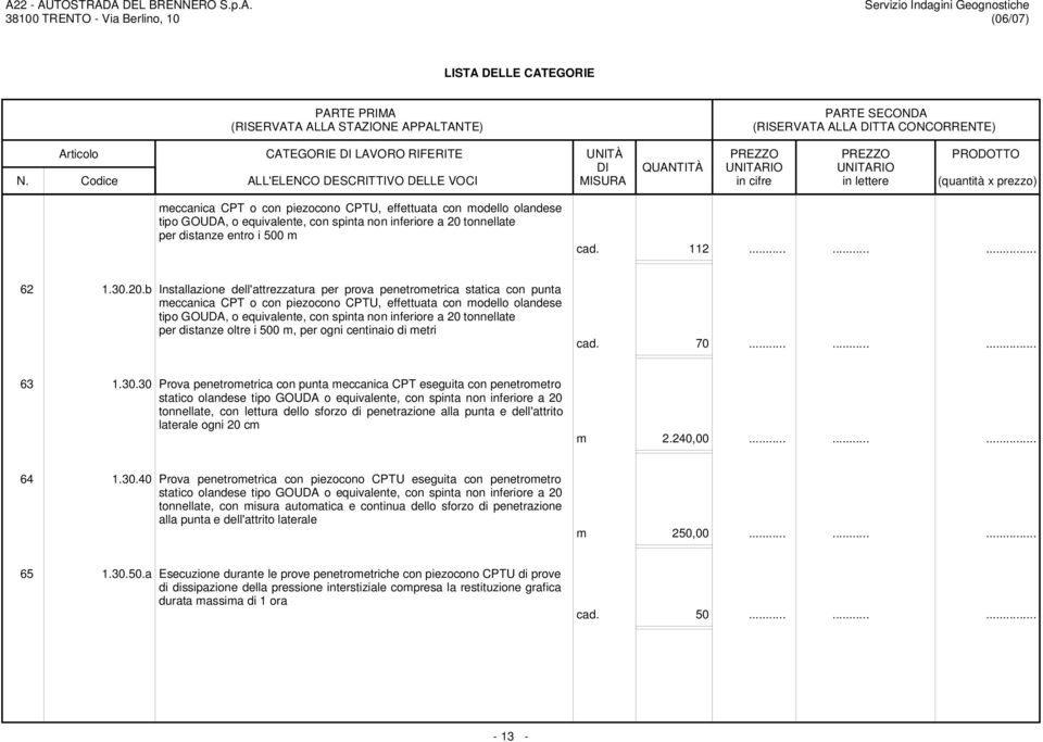 b Installazione dell'attrezzatura per prova penetrometrica statica con punta tonnellate per distanze oltre i 500 m, per ogni centinaio di metri cad. 70...... 63 1.30.