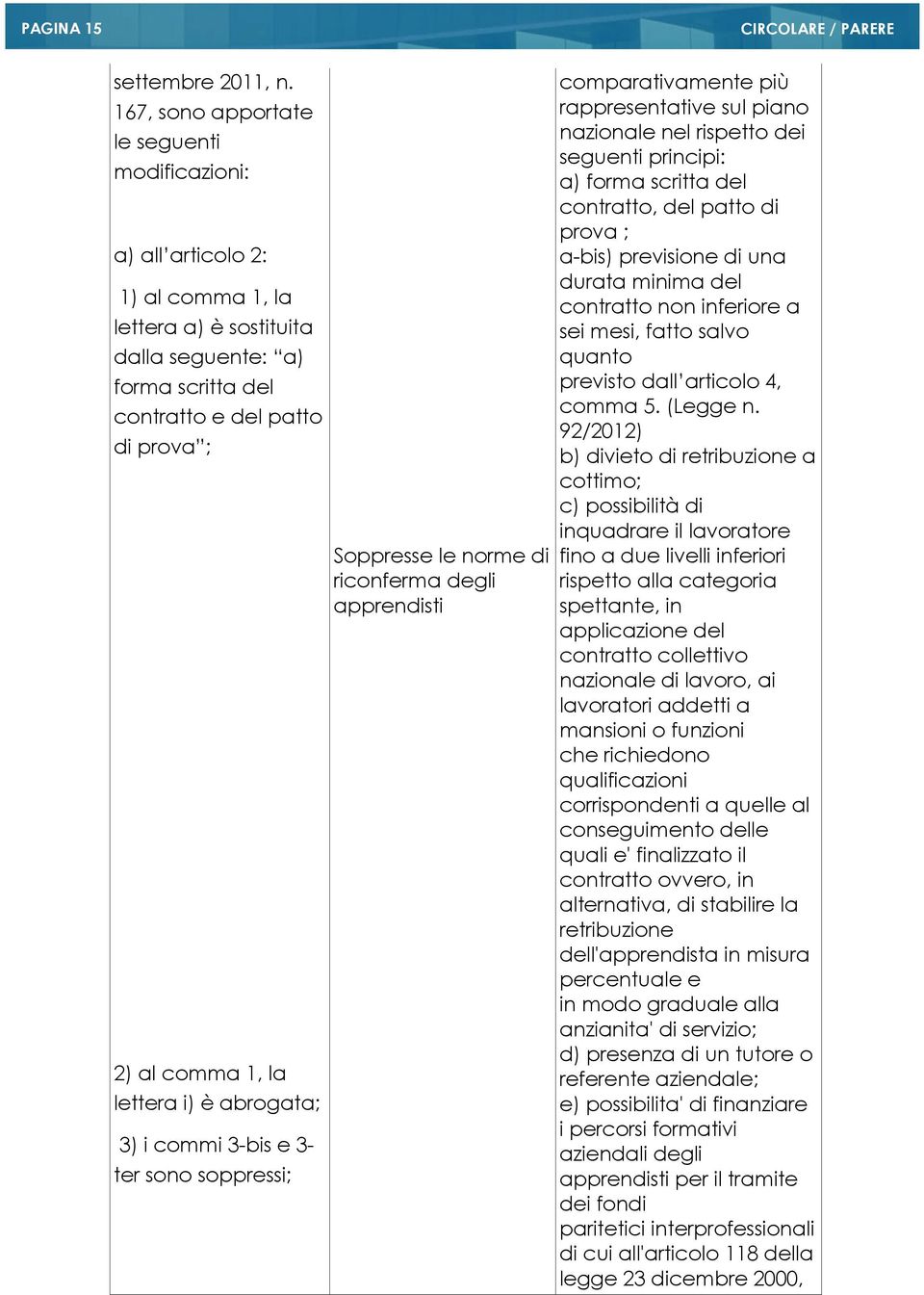 lettera i) è abrogata; 3) i commi 3-bis e 3- ter sono soppressi; Soppresse le norme di riconferma degli apprendisti comparativamente più rappresentative sul piano nazionale nel rispetto dei seguenti