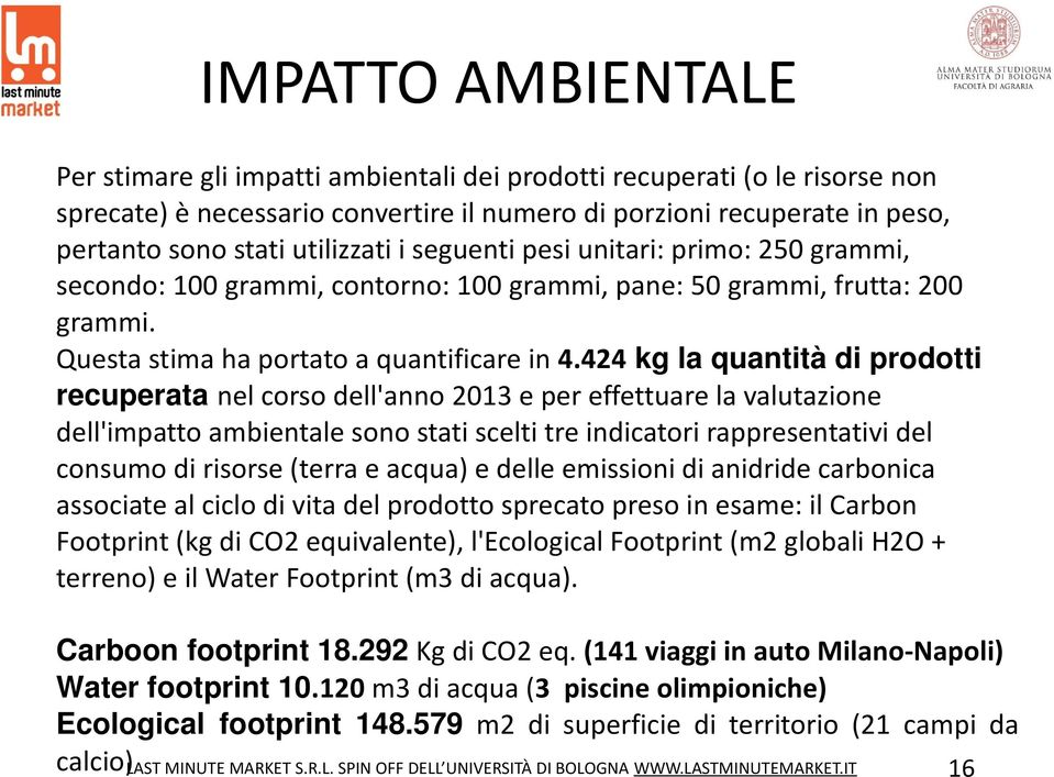 424 kg la quantità di prodotti recuperata nel corso dell'anno 2013 e per effettuare la valutazione dell'impatto ambientale sono stati scelti tre indicatori rappresentativi del consumo di risorse