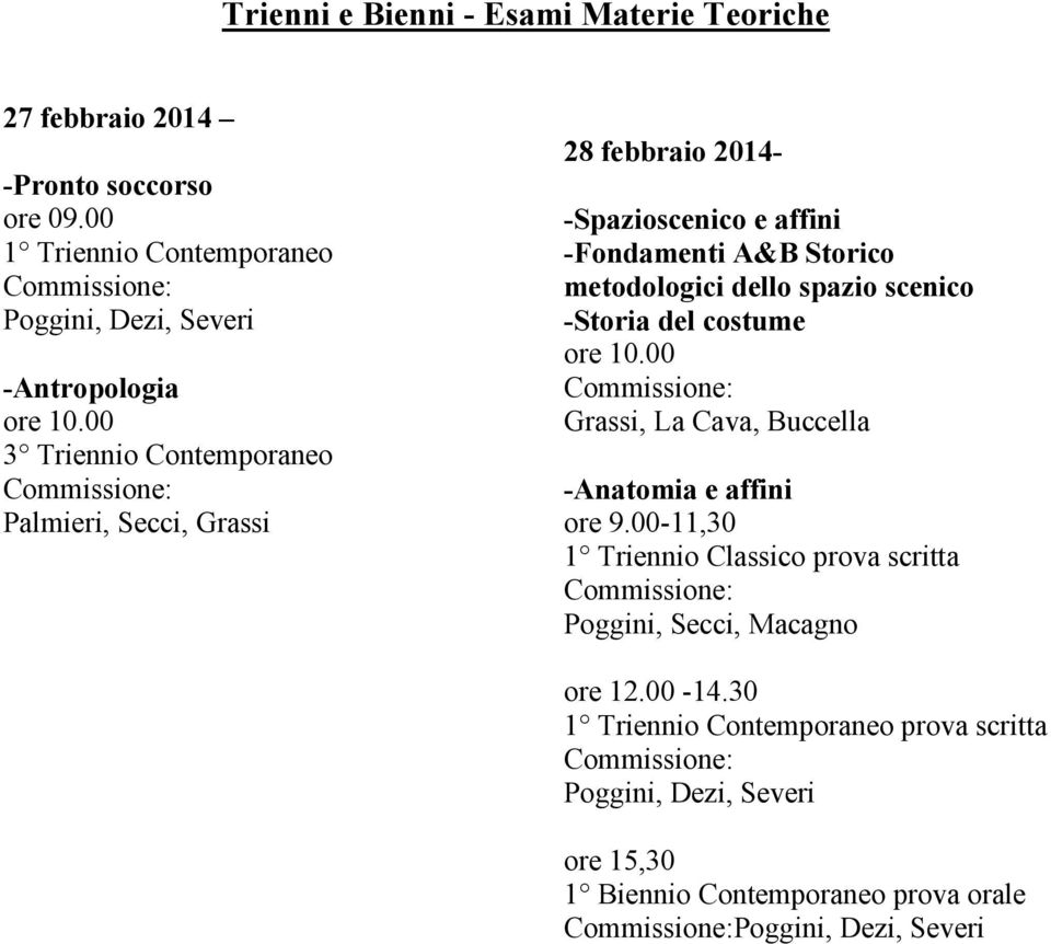 affini -Fondamenti A&B Storico metodologici dello spazio scenico -Storia del costume Grassi, La Cava, Buccella -Anatomia e