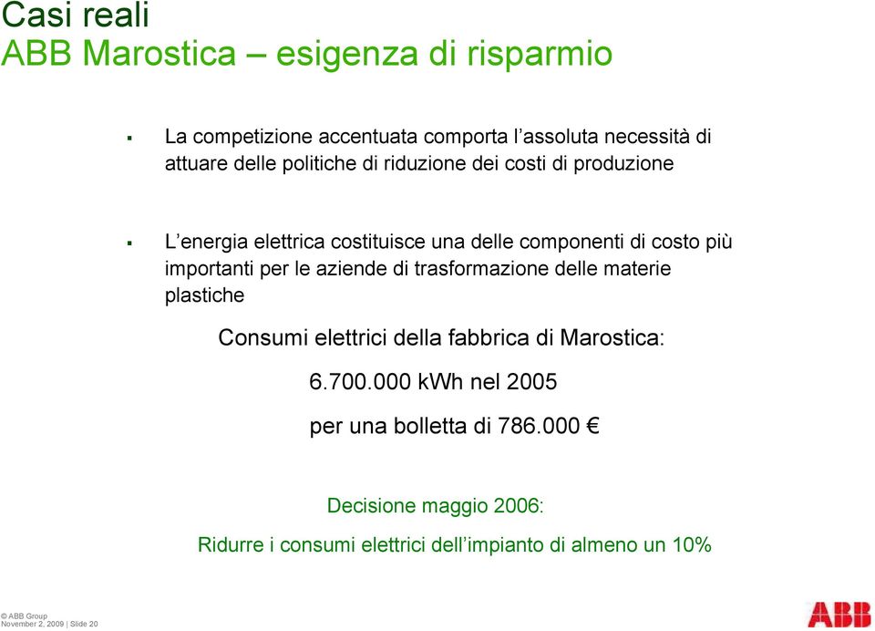 per le aziende di trasformazione delle materie plastiche Consumi elettrici della fabbrica di Marostica: 6.700.