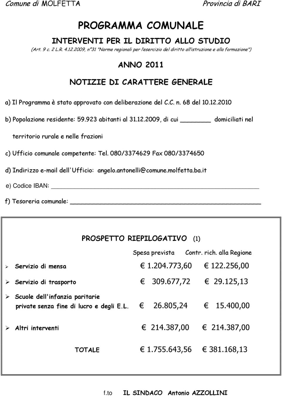 12.2010 b) Popolazione residente: 59.923 abitanti al 31.12.2009, di cui domiciliati nel territorio rurale e nelle frazioni c) Ufficio comunale competente: Tel.