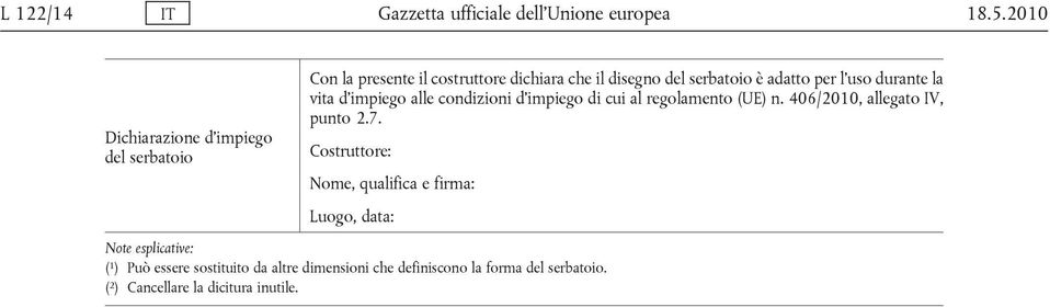 l uso durante la vita d impiego alle condizioni d impiego di cui al regolamento (UE) n. 406/2010, allegato IV, punto 2.7.