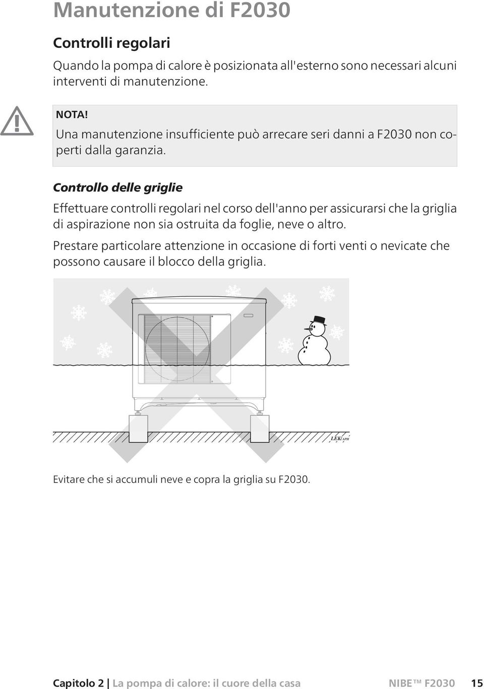 Controllo delle griglie Effettuare controlli regolari nel corso dell'anno per assicurarsi che la griglia di aspirazione non sia ostruita da foglie, neve o