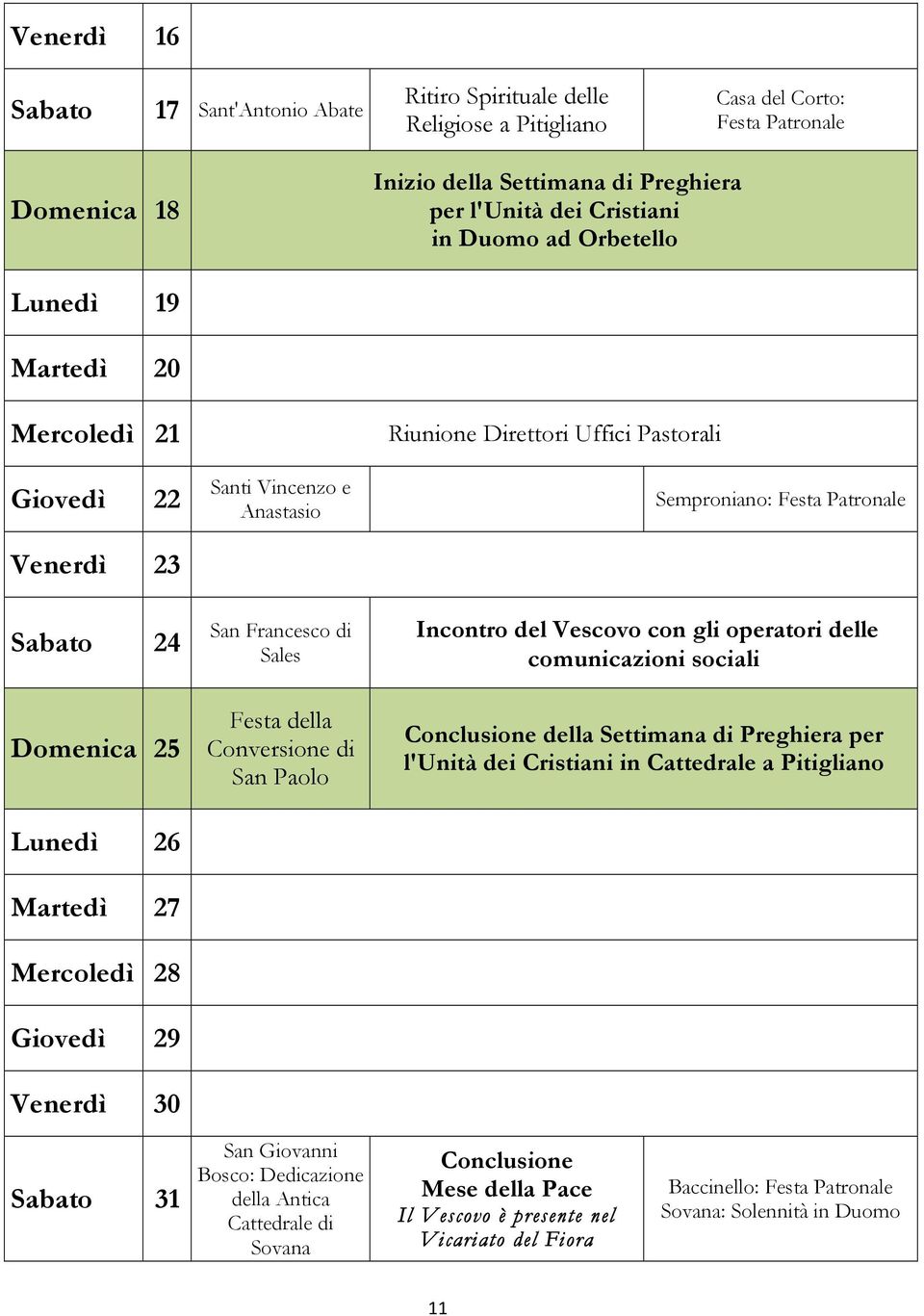 Conversione di San Paolo Riunione Direttori Uffici Pastorali Semproniano: Incontro del Vescovo con gli operatori delle comunicazioni sociali Conclusione della Settimana di Preghiera per l'unità dei