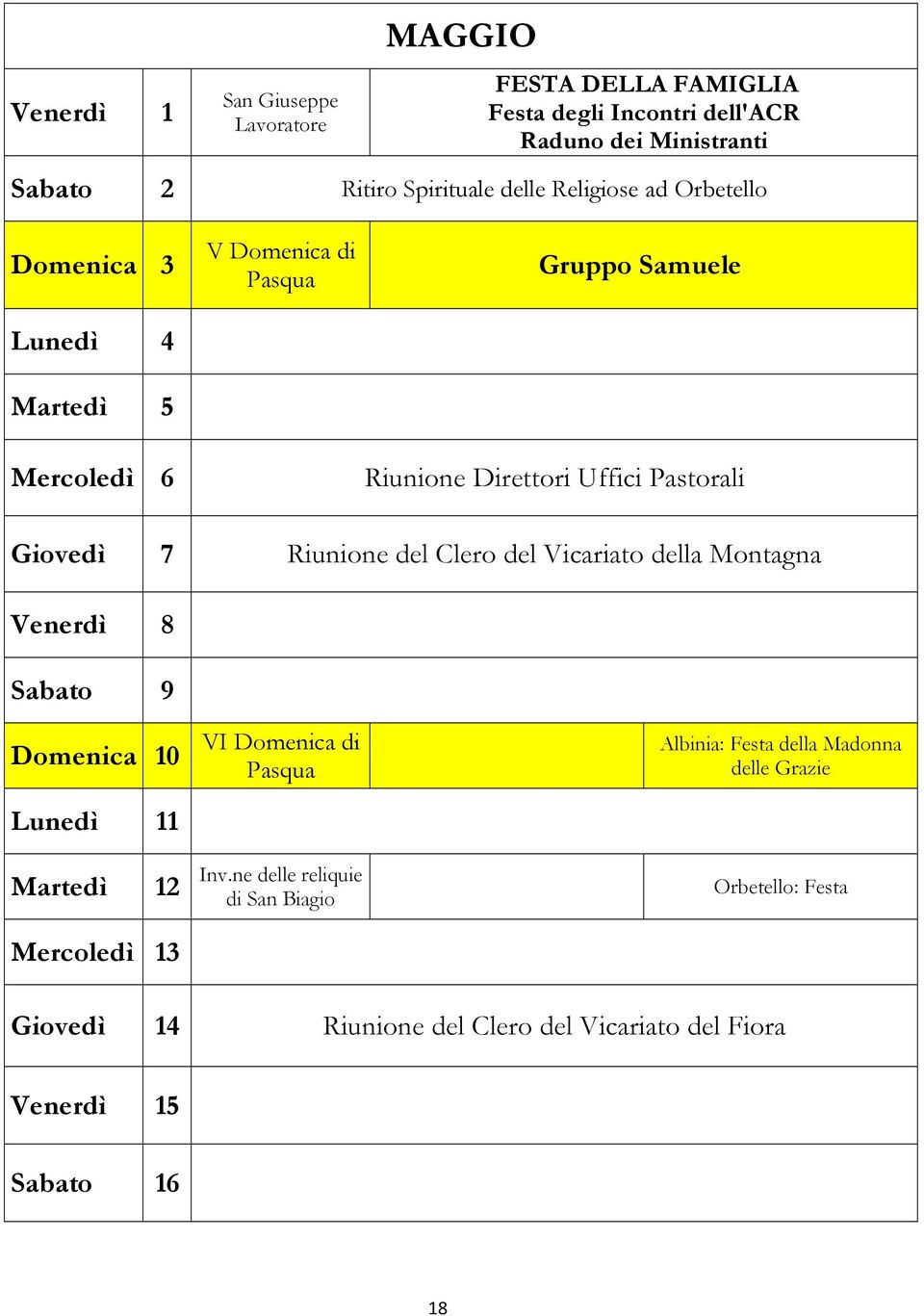 Riunione del Clero del Vicariato della Montagna Venerdì 8 Sabato 9 Domenica 10 Lunedì 11 VI Domenica di Pasqua Albinia: Festa della Madonna delle