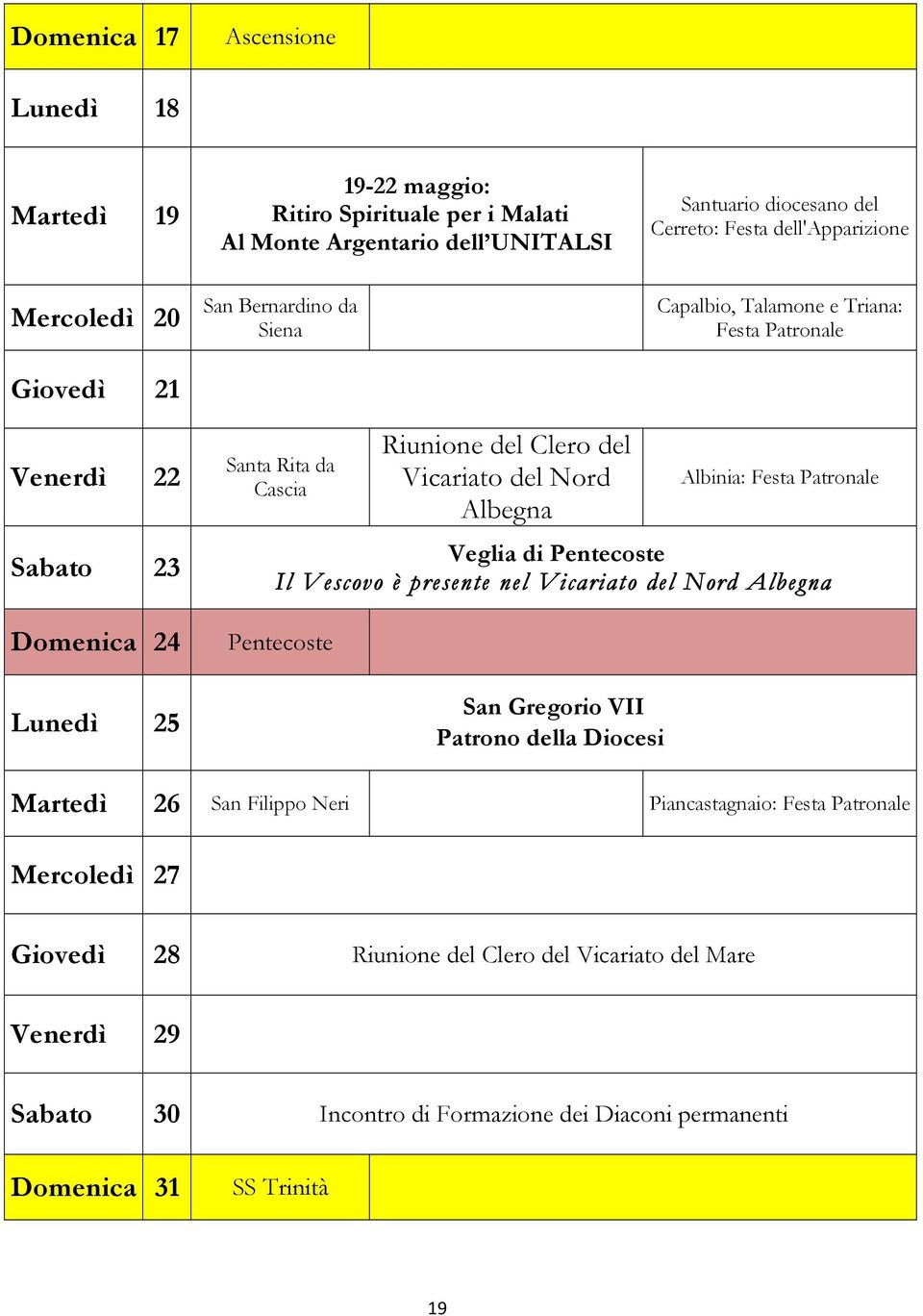 Vicariato del Nord Albegna Albinia: Veglia di Pentecoste Il Vescovo è presente nel Vicariato del Nord Albegna Pentecoste San Gregorio VII Patrono della Diocesi Martedì 26 San