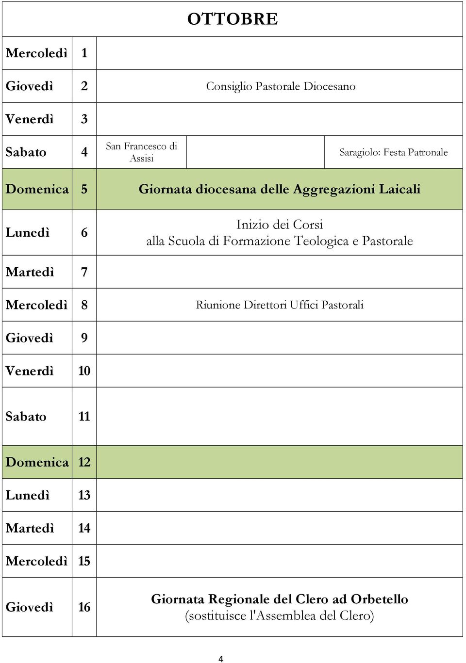 Teologica e Pastorale Martedì 7 Mercoledì 8 Riunione Direttori Uffici Pastorali Giovedì 9 Venerdì 10 Sabato 11