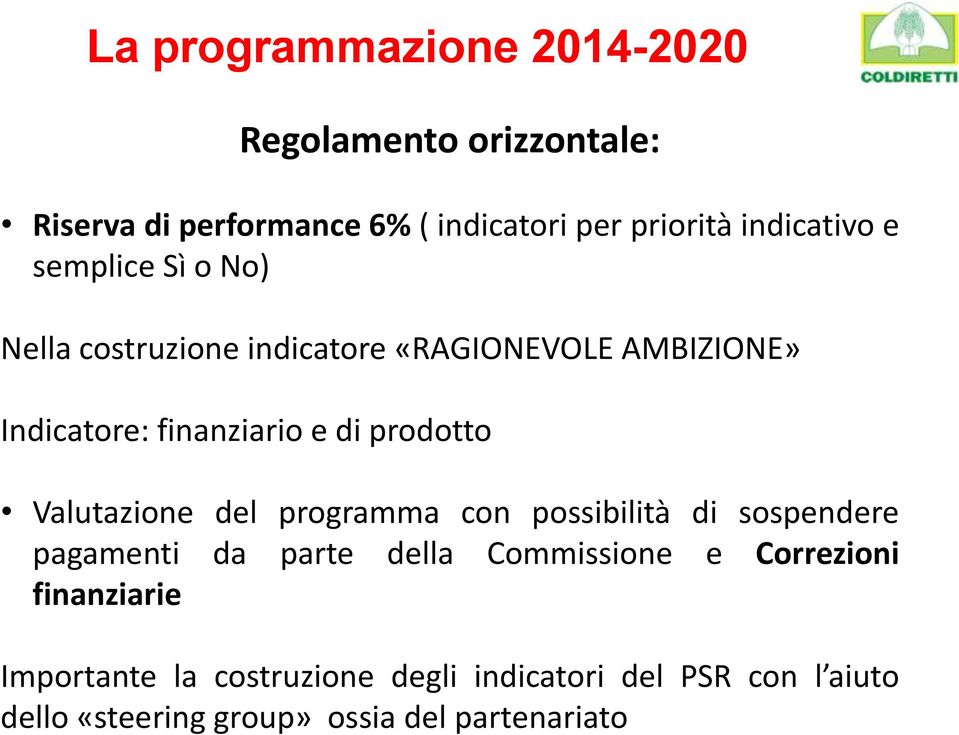 prodotto Valutazione del programma con possibilità di sospendere pagamenti da parte della Commissione e