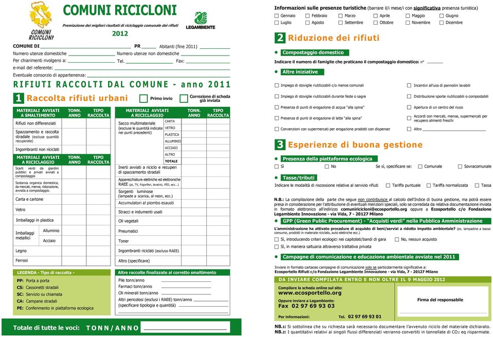 Fax: e-mail del referente: Eventuale consorzio di appartenenza: R I F I U T I R A C C O L T I D A L C O M U N E - a n n o 2 0 1 1 1 Rifiuti non differenziati Spazzamento e raccolta stradale (escluse