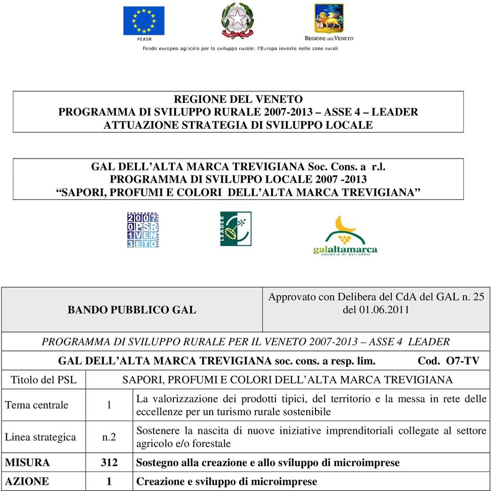 2011 PROGRAMMA DI SVILUPPO RURALE PER IL VENETO 2007-2013 ASSE 4 LEADER Titolo del PSL GAL DELL ALTA MARCA TREVIGIANA soc. cons. a resp. lim. Tema centrale 1 Linea strategica n.2 Cod.