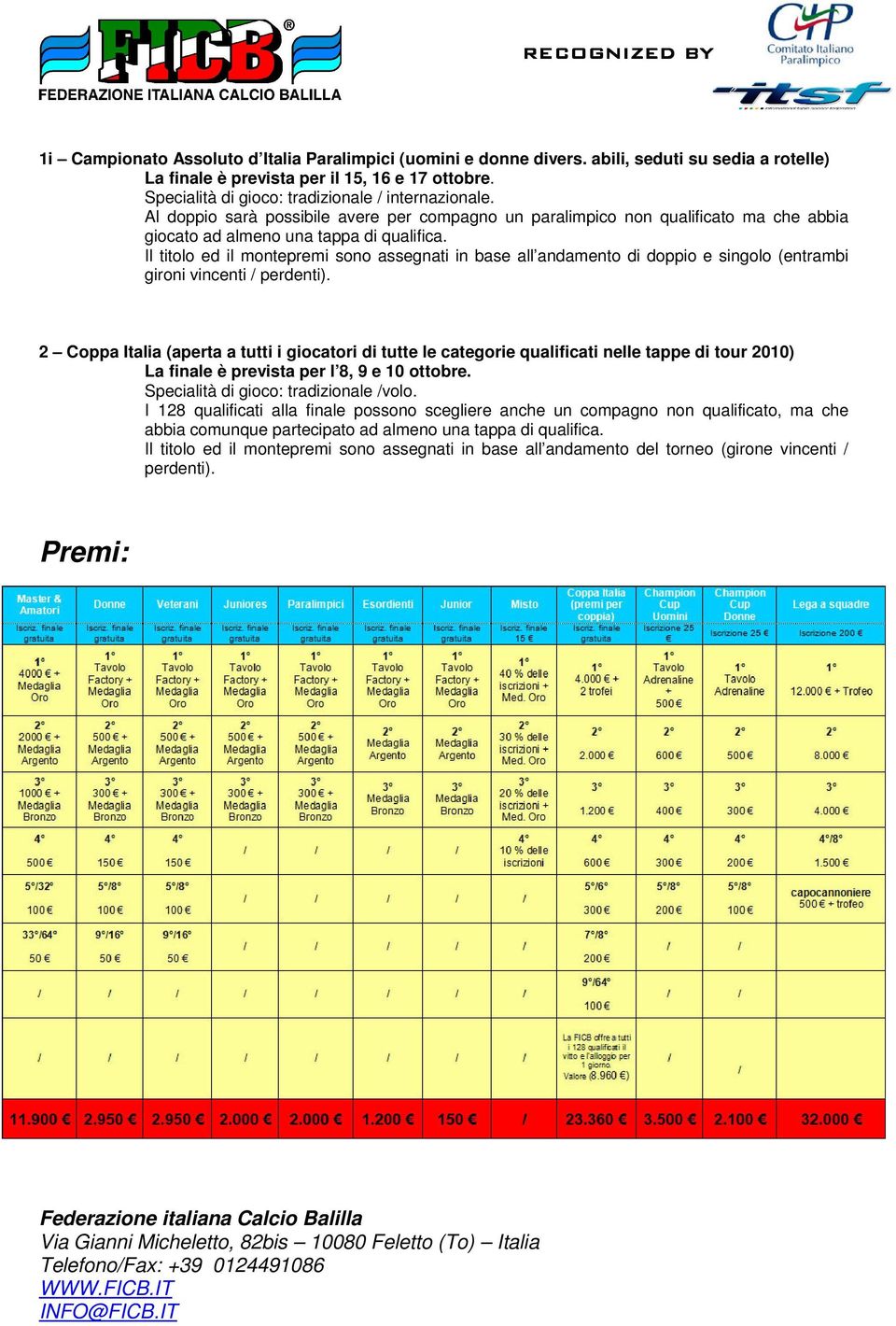 Al doppio sarà possibile avere per compagno un paralimpico non qualificato ma che abbia gironi vincenti / 2 Coppa Italia (aperta a tutti i giocatori di tutte le categorie qualificati