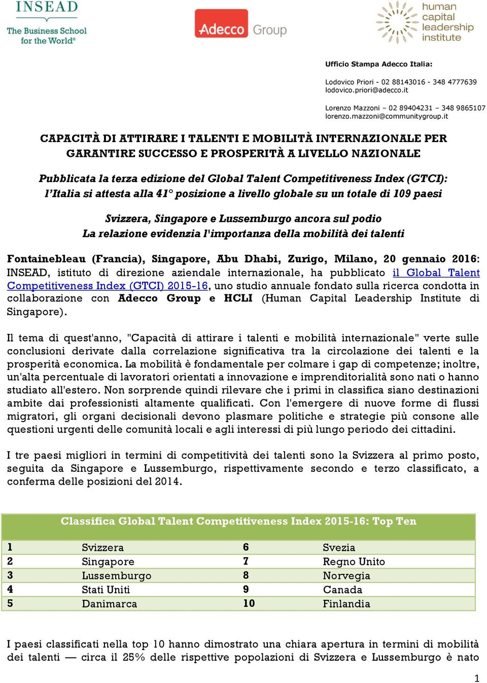 Italia si attesta alla 41 posizione a livello globale su un totale di 109 paesi Svizzera, Singapore e Lussemburgo ancora sul podio La relazione evidenzia l'importanza della mobilità dei talenti