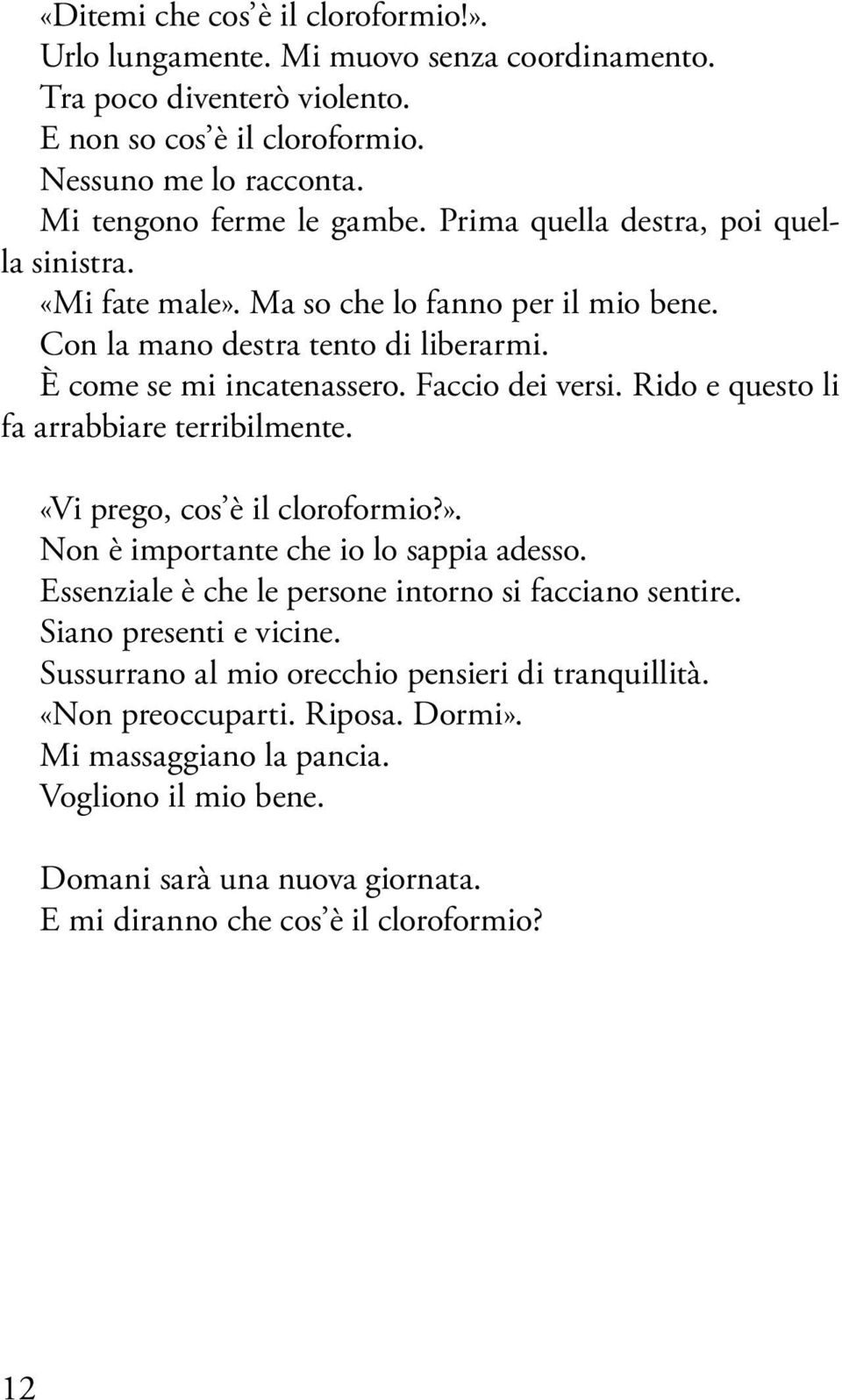 Rido e questo li fa arrabbiare terribilmente. «Vi prego, cos è il cloroformio?». Non è importante che io lo sappia adesso. Essenziale è che le persone intorno si facciano sentire.