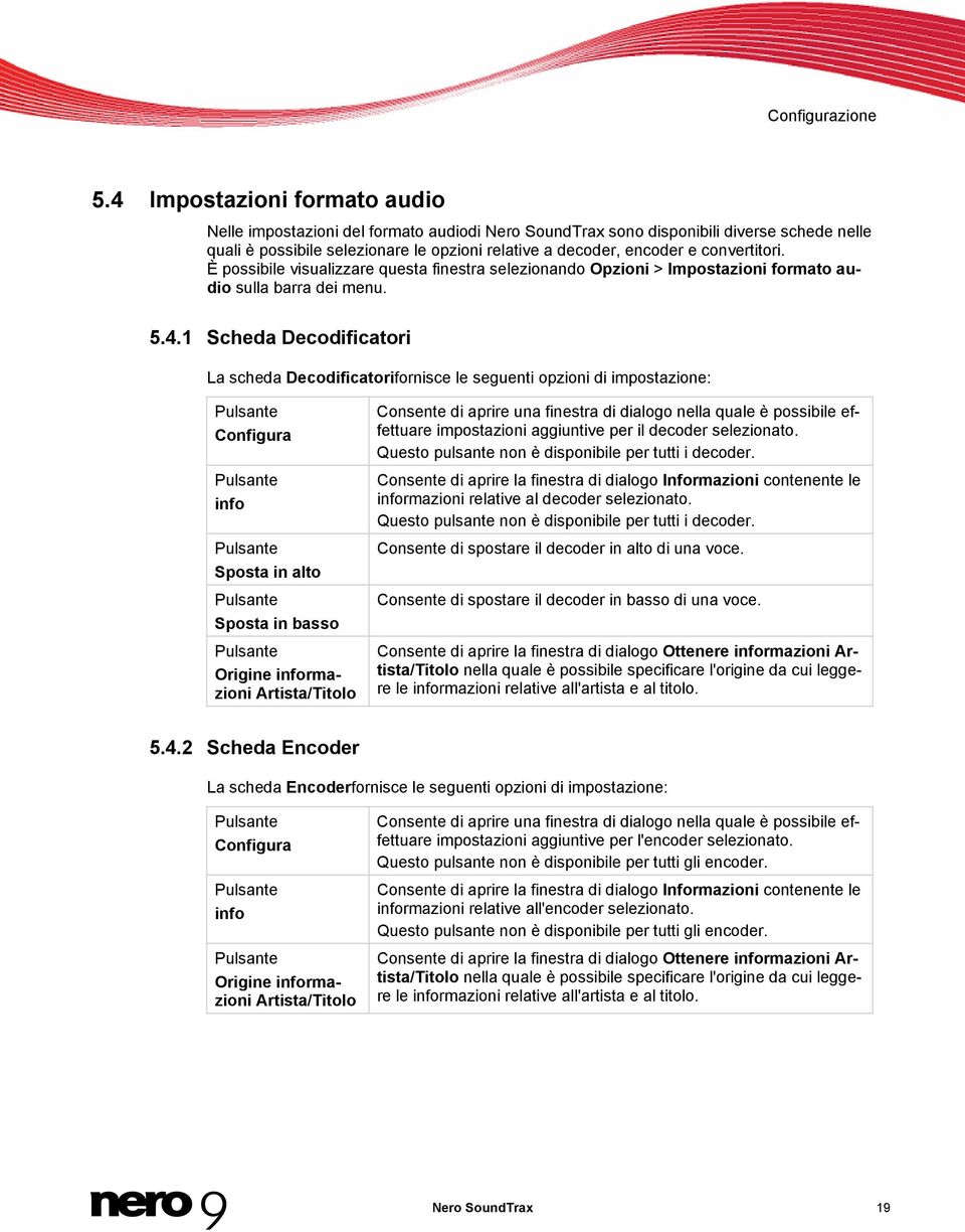 convertitori. È possibile visualizzare questa finestra selezionando Opzioni > Impostazioni formato audio sulla barra dei menu. 5.4.