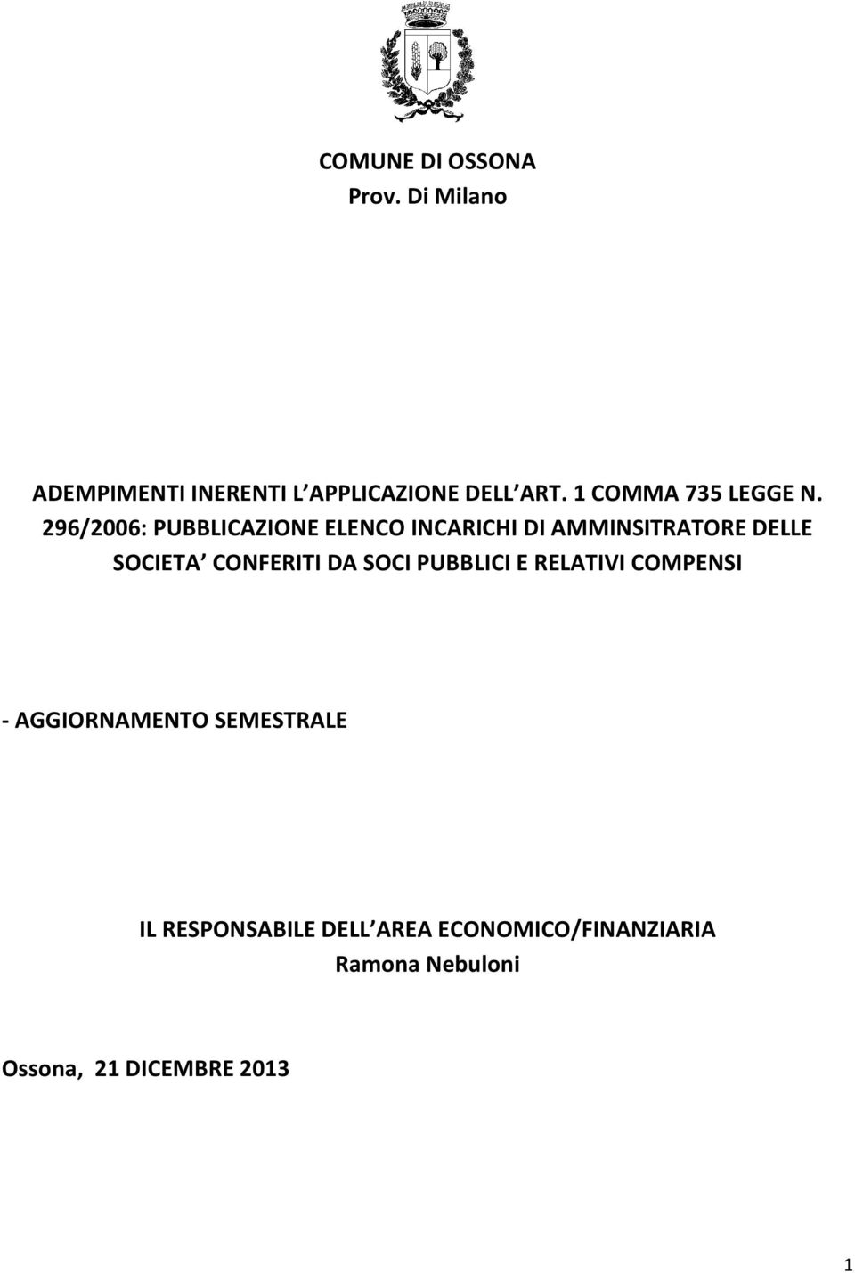 296/2006: PUBBLICAZIONE ELENCO INCARICHI DI AMMINSITRATORE DELLE SOCIETA CONFERITI