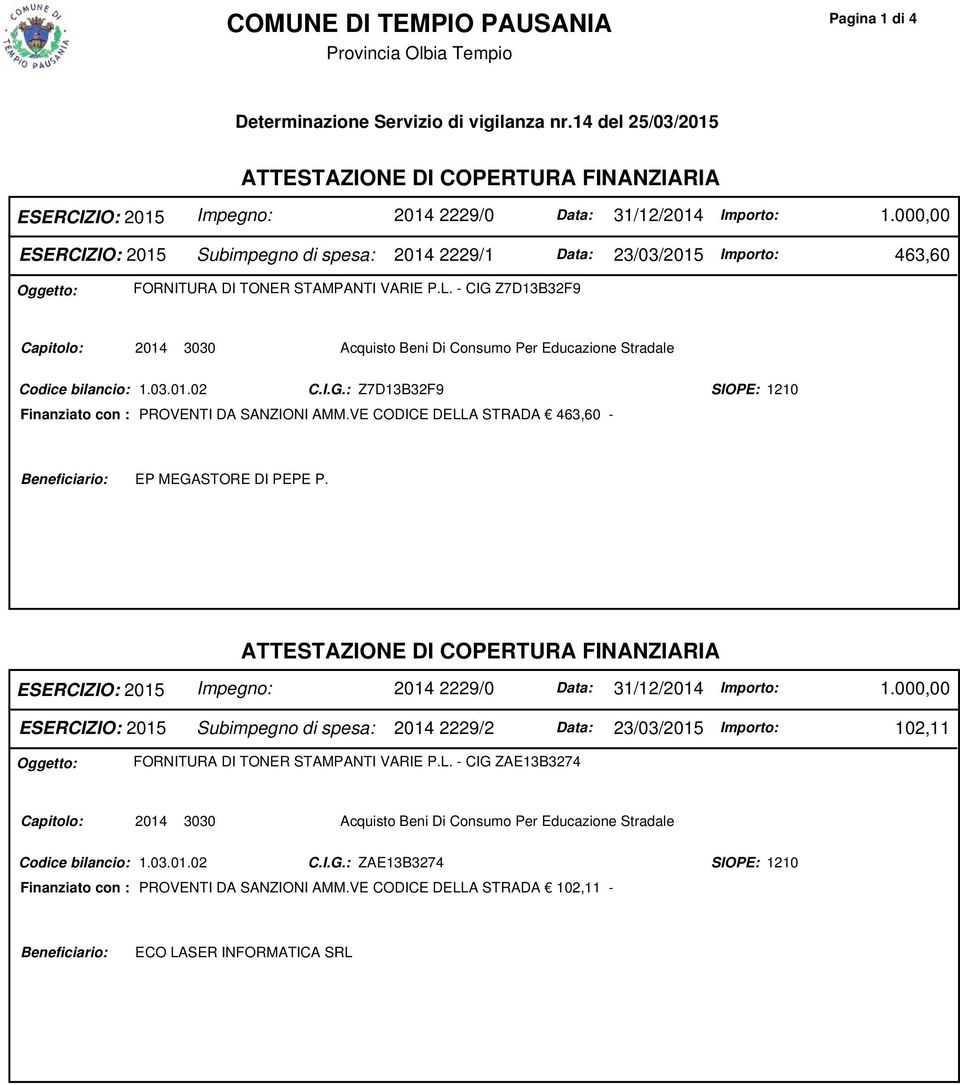 VE CODICE DELLA STRADA 463,60 - EP MEGASTORE DI PEPE P. Impegno: 2014 2229/0 31/12/2014 1.000,00 Subimpegno di spesa: 2014 2229/2 102,11 Oggetto: FORNITURA DI TONER STAMPANTI VARIE P.L. - CIG ZAE13B3274 Capitolo: 2014 3030 Acquisto Beni Di Consumo Per Educazione Stradale C.