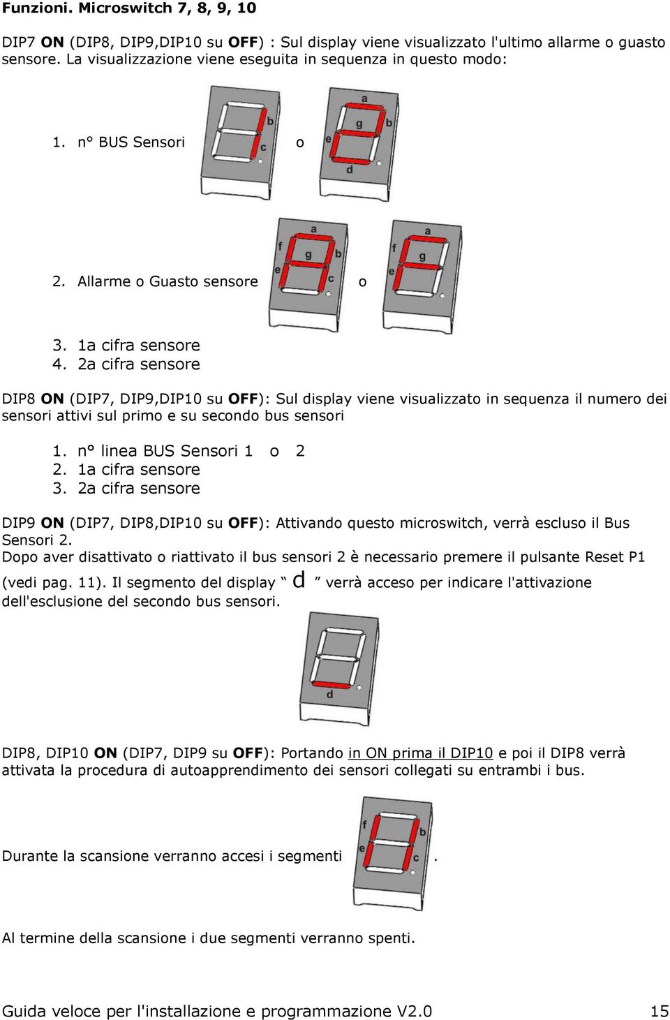 2a cifra sensore DIP8 ON (DIP7, DIP9,DIP10 su OFF): Sul display viene visualizzato in sequenza il numero dei sensori attivi sul primo e su secondo bus sensori 1. n linea BUS Sensori 1 o 2 2.