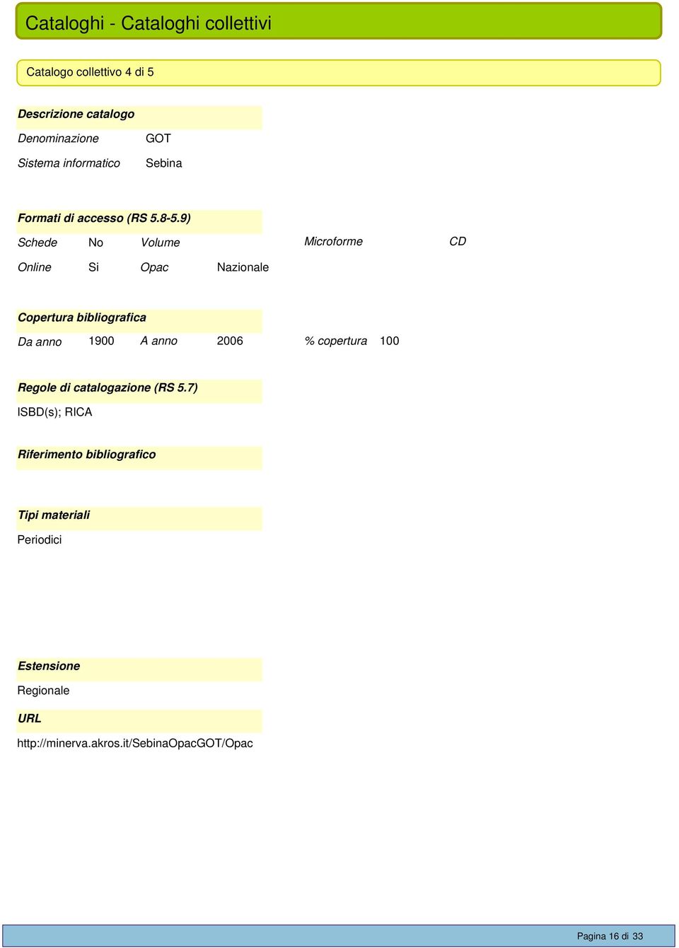 9) Schede Volume Microforme CD Online Opac Nazionale Copertura bibliografica Da anno 1900 A anno 2006 %