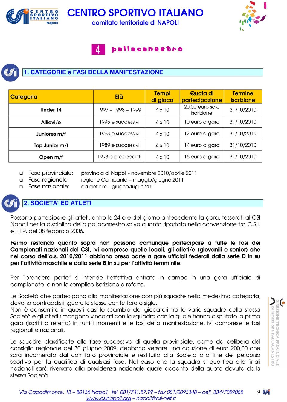 successivi 4 x 10 10 euro a gara 31/10/2010 Juniores m/f 1993 e successivi 4 x 10 12 euro a gara 31/10/2010 Top Junior m/f 1989 e successivi 4 x 10 14 euro a gara 31/10/2010 Open m/f 1993 e