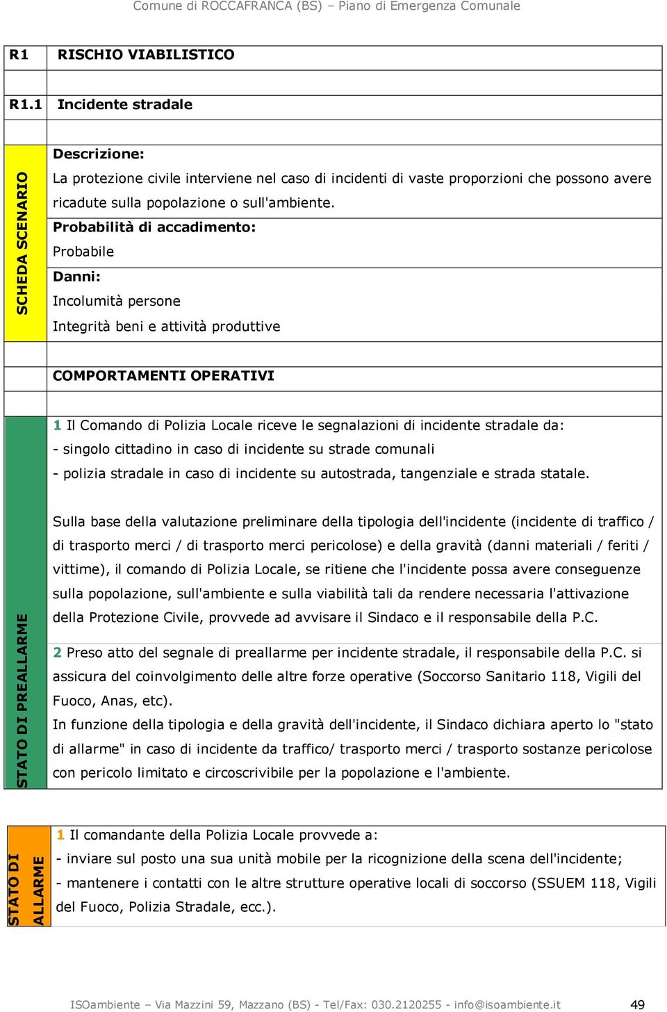 Probabilità di accadimento: Probabile Danni: Incolumità persone Integrità beni e attività produttive COMPORTAMENTI OPERATIVI 1 Il Comando di Polizia Locale riceve le segnalazioni di incidente