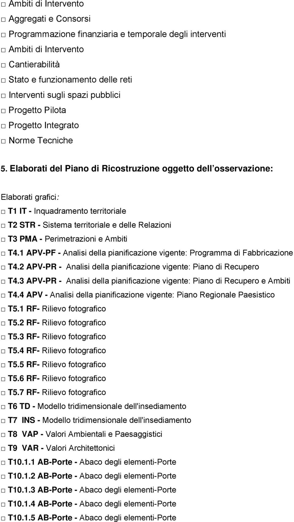 Elaborati del Piano di Ricostruzione oggetto dell osservazione: Elaborati grafici: T1 IT - Inquadramento territoriale T2 STR - Sistema territoriale e delle Relazioni T3 PMA - Perimetrazioni e Ambiti