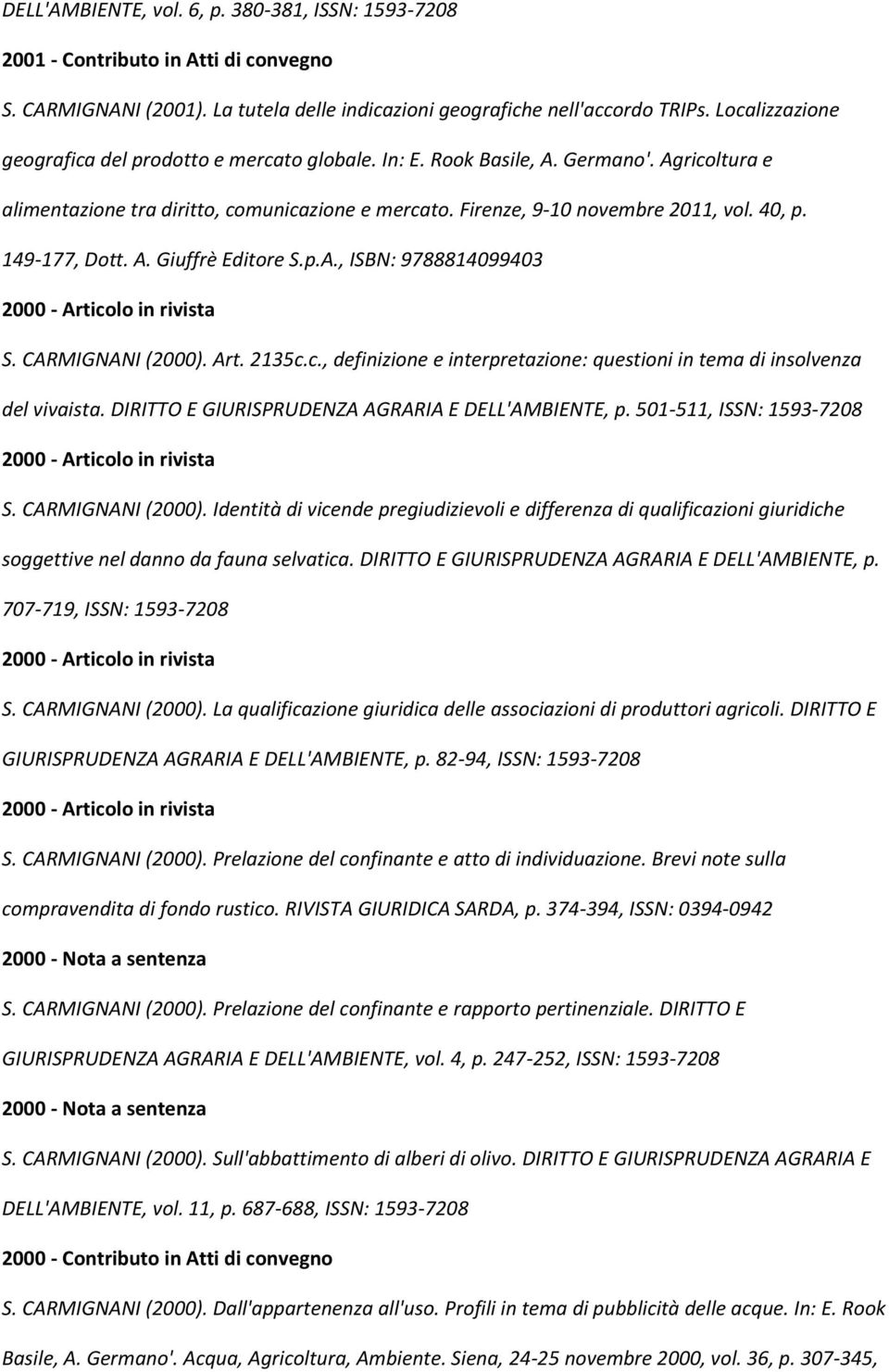 149-177, Dott. A. Giuffrè Editore S.p.A., ISBN: 9788814099403 2000 - Articolo in rivista S. CARMIGNANI (2000). Art. 2135c.c., definizione e interpretazione: questioni in tema di insolvenza del vivaista.