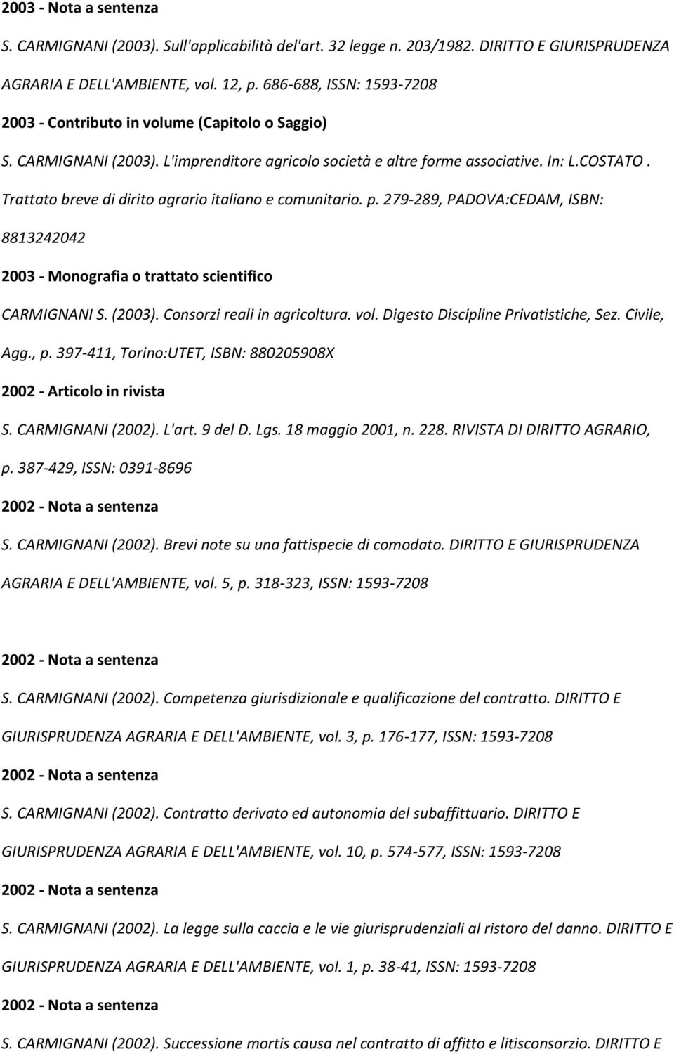 Trattato breve di dirito agrario italiano e comunitario. p. 279-289, PADOVA:CEDAM, ISBN: 8813242042 2003 - Monografia o trattato scientifico CARMIGNANI S. (2003). Consorzi reali in agricoltura. vol.