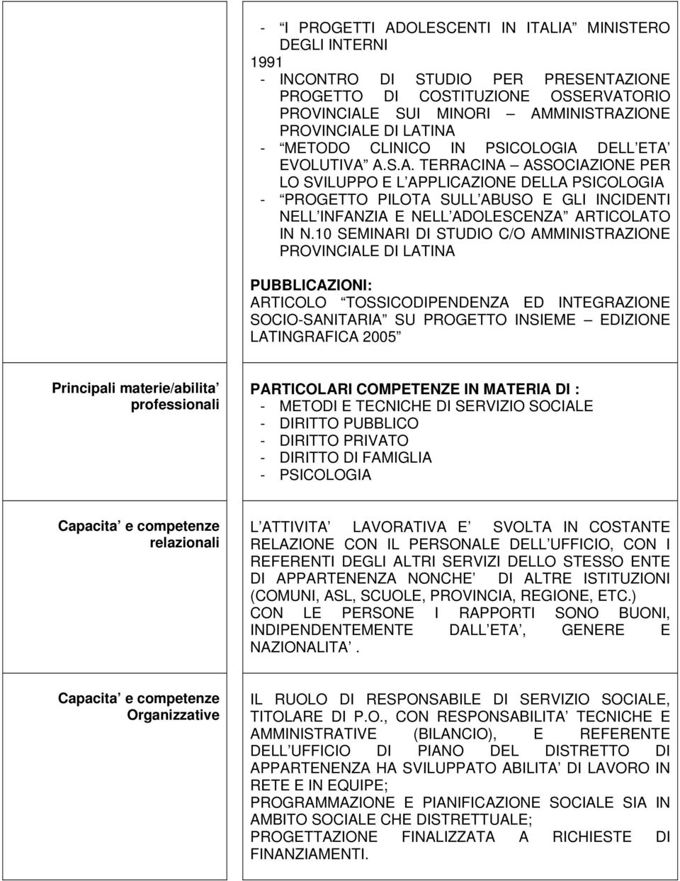 10 SEMINARI DI STUDIO C/O AMMINISTRAZIONE PROVINCIALE DI LATINA PUBBLICAZIONI: ARTICOLO TOSSICODIPENDENZA ED INTEGRAZIONE SOCIO-SANITARIA SU PROGETTO INSIEME EDIZIONE LATINGRAFICA 2005 Principali