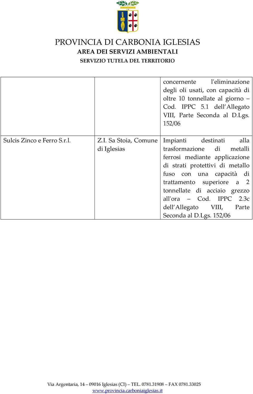 I, Parte Seconda al D.Lgs. 152/06 Sulcis Zinco e Ferro S.r.l. Z.I. Sa Stoia, Comune di Iglesias