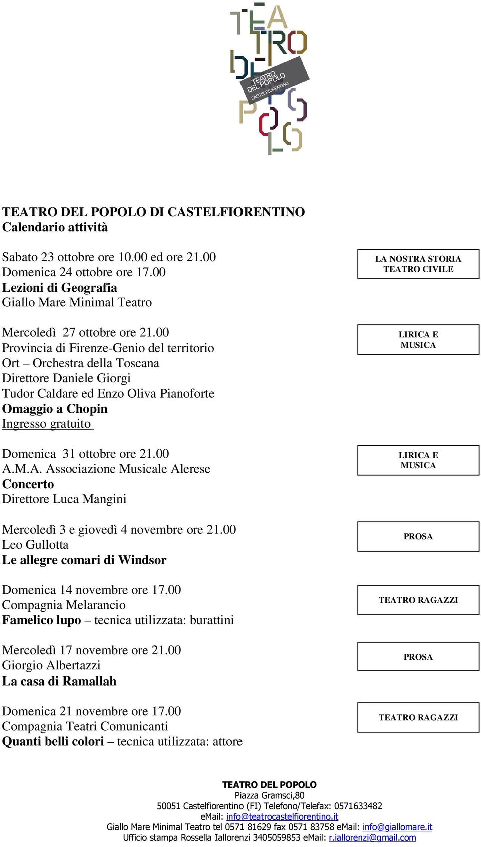 00 Provincia di Firenze-Genio del territorio Ort Orchestra della Toscana Direttore Daniele Giorgi Tudor Caldare ed Enzo Oliva Pianoforte Omaggio a Chopin Ingresso gratuito Domenica 31 ottobre ore 21.