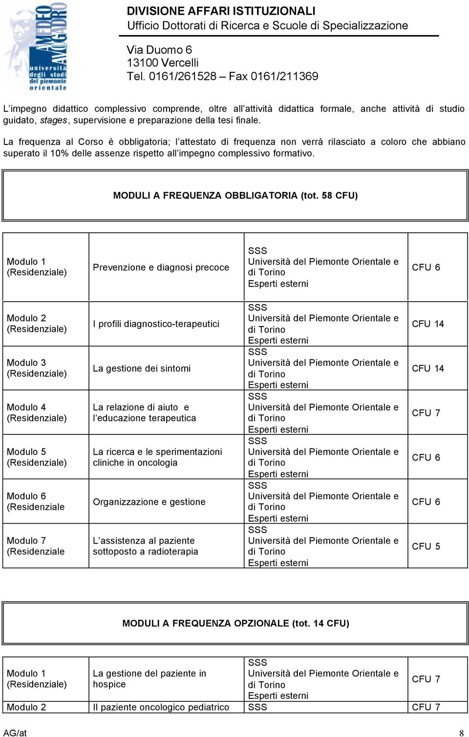 MODULI A FREQUENZA OBBLIGATORIA (tot.