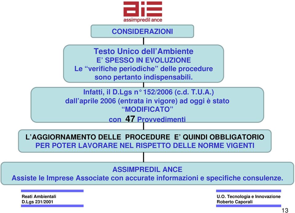 ) dall aprile 2006 (entrata in vigore) ad oggi è stato MODIFICATO con 47 Provvedimenti L AGGIORNAMENTO DELLE