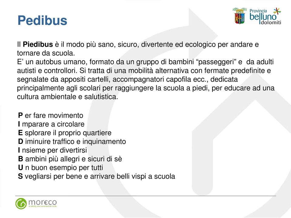 Si tratta di una mobilità alternativa con fermate predefinite e segnalate da appositi cartelli, accompagnatori capofila ecc.