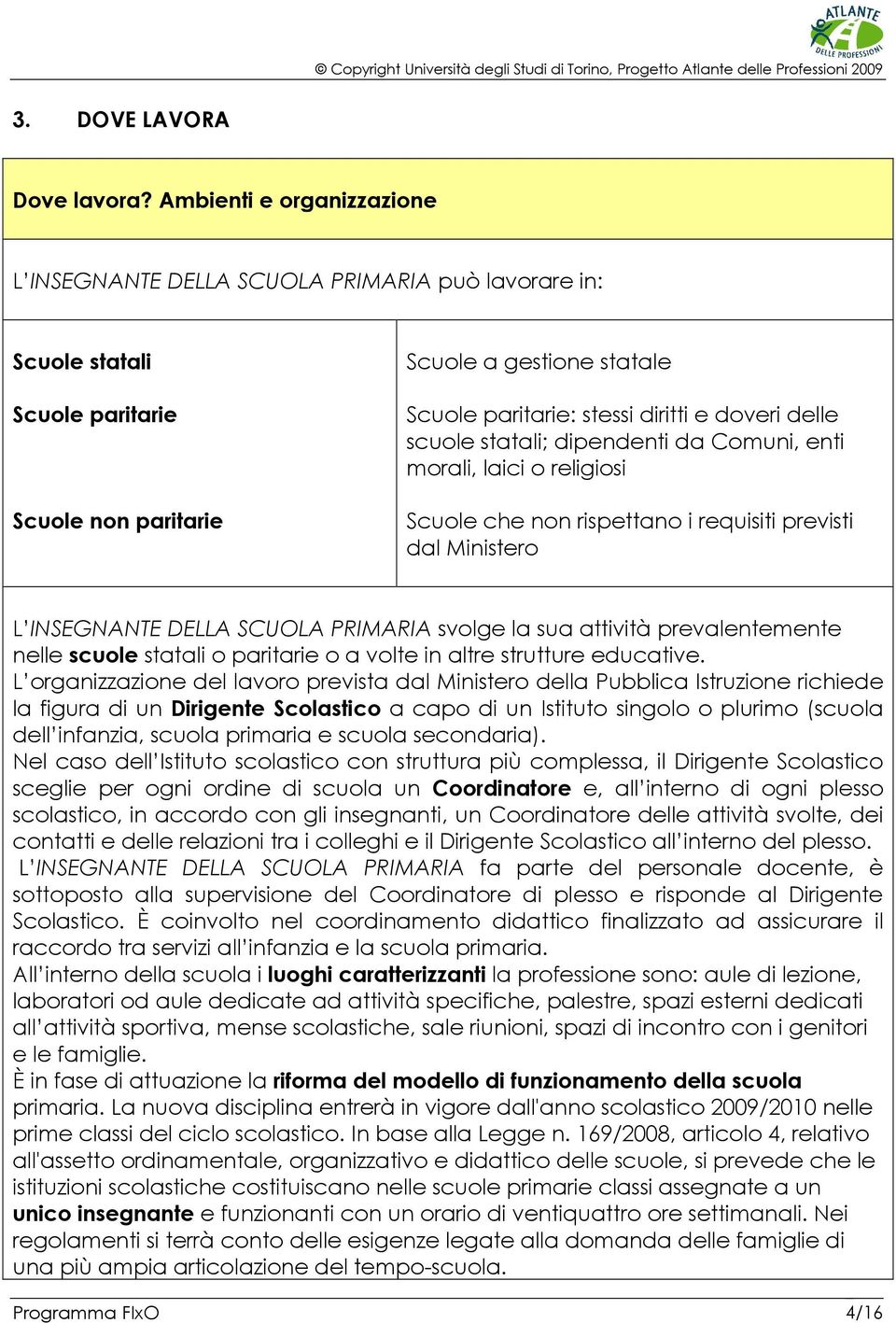 delle scuole statali; dipendenti da Comuni, enti morali, laici o religiosi Scuole che non rispettano i requisiti previsti dal Ministero L INSEGNANTE DELLA SCUOLA PRIMARIA svolge la sua attività