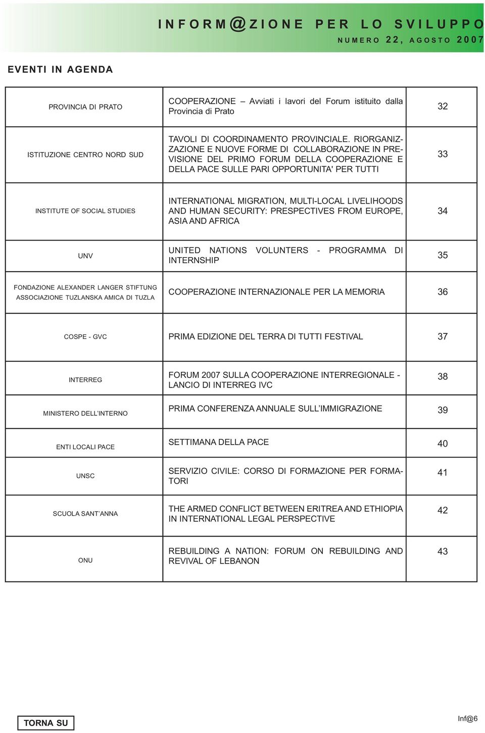 MIGRATION, MULTI-LOCAL LIVELIHOODS AND HUMAN SECURITY: PRESPECTIVES FROM EUROPE, ASIA AND AFRICA 34 UNV UNITED NATIONS VOLUNTERS - PROGRAMMA DI INTERNSHIP 35 FONDAZIONE ALEXANDER LANGER STIFTUNG