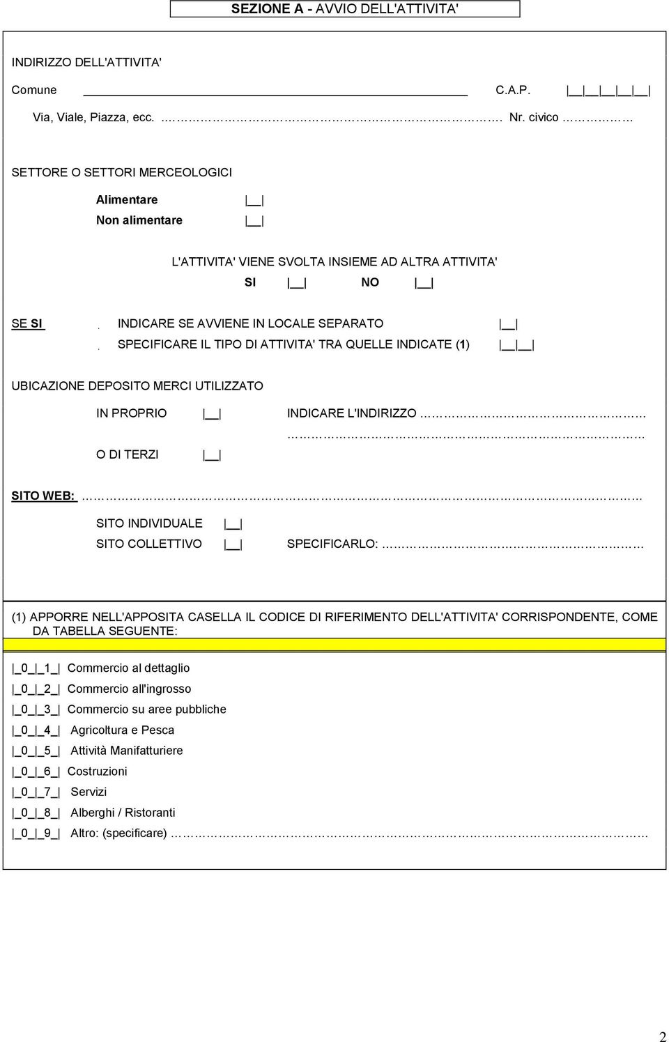 UBICAZIONE DEPOSITO MERCI UTILIZZATO IN PROPRIO INDICARE L'INDIRIZZO O DI TERZI SITO WEB: SITO INDIVIDUALE SITO COLLETTIVO SPECIFICARLO: (1) APPORRE NELL'APPOSITA CASELLA IL CODICE DI RIFERIMENTO