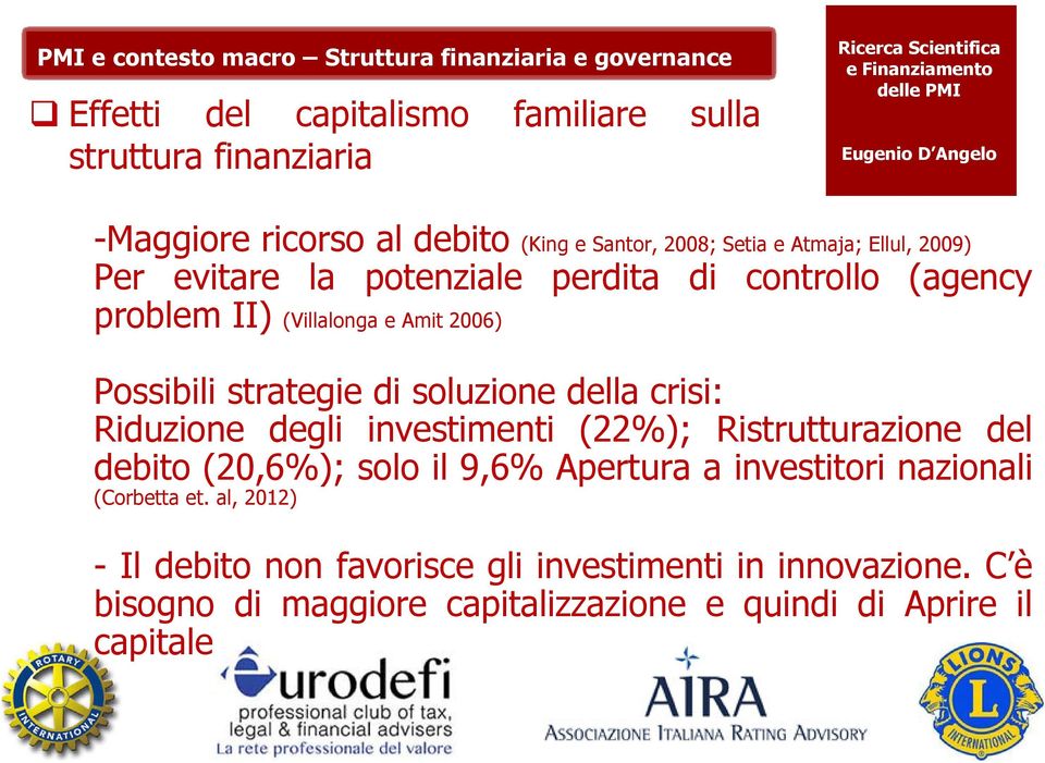 strategie di soluzione della crisi: Riduzione degli investimenti (22%); Ristrutturazione del debito (20,6%); solo il 9,6% Apertura a investitori