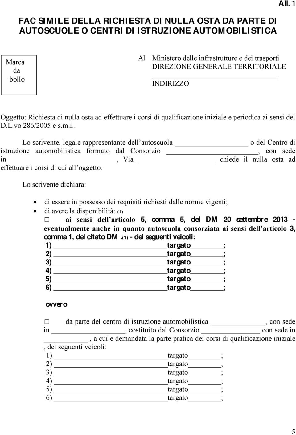 hiesta di nulla osta ad effettuare i corsi di qualificazione iniziale e periodica ai sensi del D.L.vo 286/2005 e s.m.i.. entro di istruzione automobilistica formato dal Consorzio, con sede in, Via