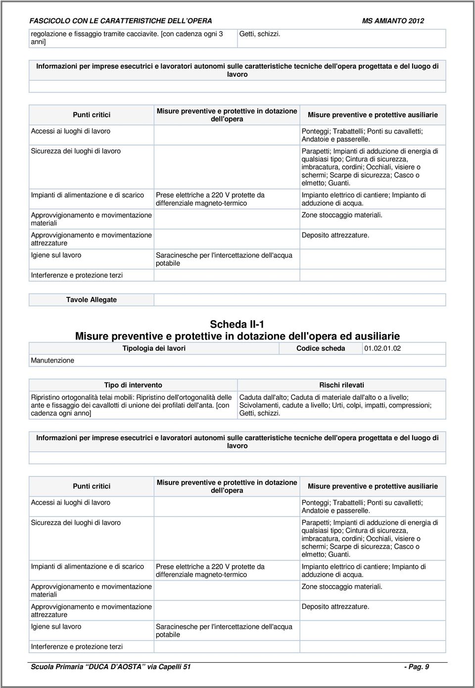 Parapetti; Impianti di adduzione di energia di qualsiasi tipo; Cintura di sicurezza, imbracatura, cordini; Occhiali, visiere o schermi; Scarpe di sicurezza; Casco o elmetto; Guanti.